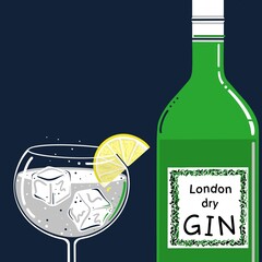 Gin and tonic illustration. Balloon glass and gin bottle. Gin and tonic with a slice of lemon and ice cubes. London dry gin. Stylised gin and tonic illustration. Gin and tonic on the rocks with lemon.