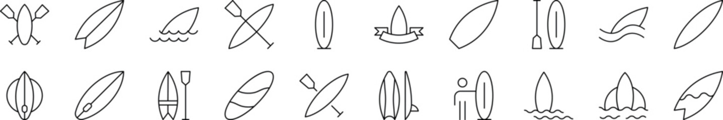 Surfing Board Related Icon Set. Editable Stroke. Perfect for Web Sites, Books, Cards, Apps