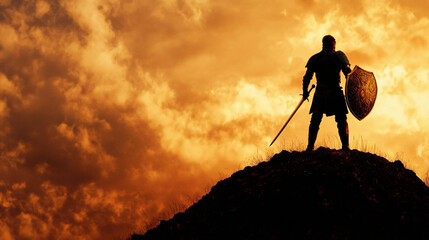A lone knight standing on a mountain with armor and weapon