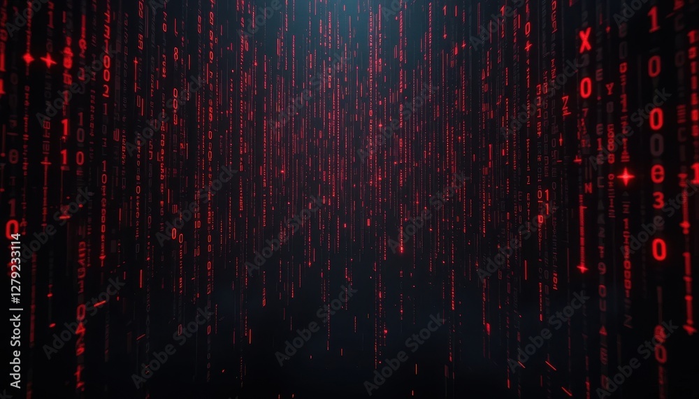 Poster red and black digital rain with binary code background