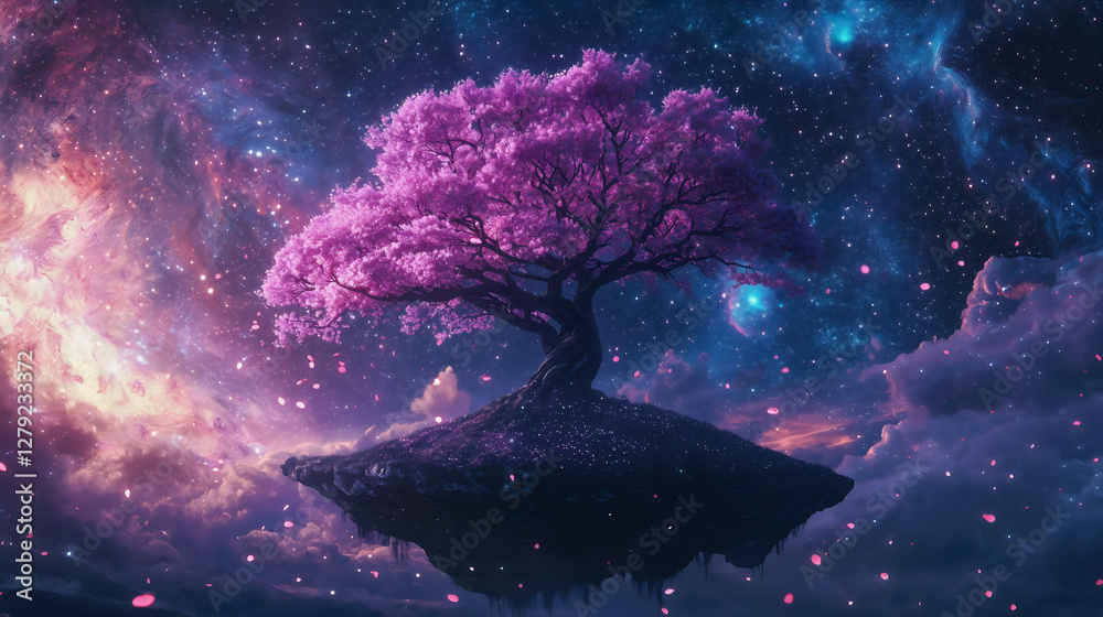 Wall mural a beautiful sakura tree floating through the universe on an asteroid, a sakura tree in a stunning un
