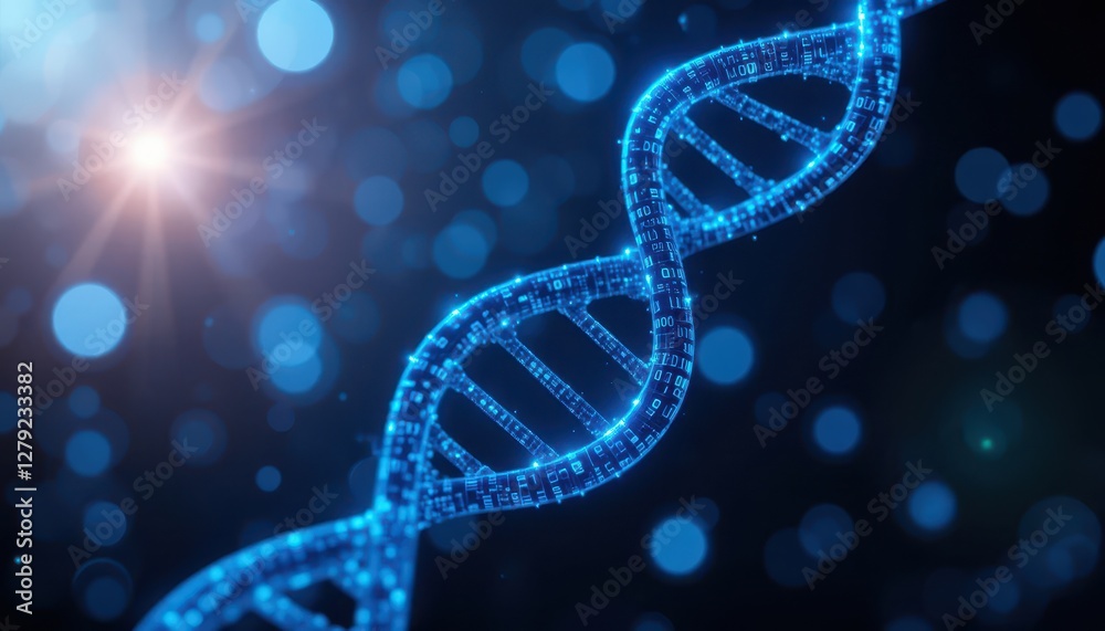 Poster glowing digital dna helix with binary code in abstract space background