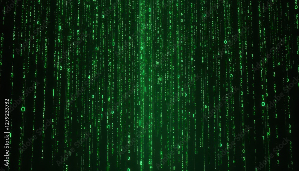 Poster green matrix digital rain with binary code flowing downward effect