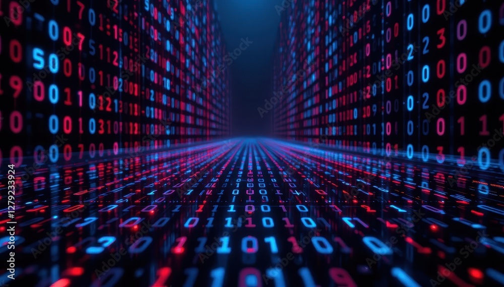Poster digital data stream with binary code in red and blue lights