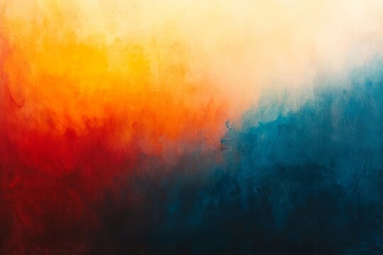 A painting of a red, yellow, and blue background.  Abstract gradient background, with orange and navy blue hues, a grainy film texture