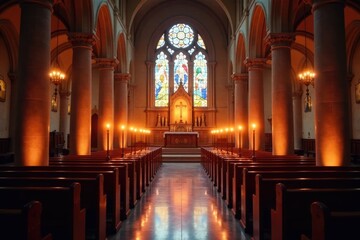 Fototapeta premium Encended veladoras en una iglesia con altares, church, fe, devotion