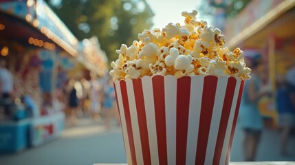 Fresh Popcorn in Striped Bucket at Outdoor Festival Event