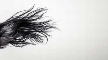 Long, black hair flowing freely against a minimalist white backdrop. A study in texture and movement.
