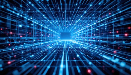 Abstract Digital Tunnel with Blue and Red Light Patterns in Perspective