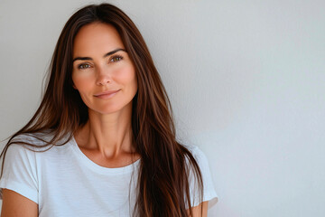 Obraz premium haircare model in her 40s with nice smooth hair white T-shirt