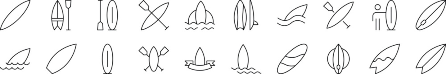 Surfing Board Icon Set for UI, Placards, Books, Apps. Editable Stroke. Perfect for Web Sites, Books, Cards, Apps