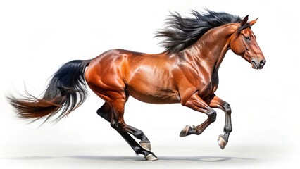 Obraz premium A majestic brown horse gallops freely on all fours, its black mane flowing freely and tail swaying, against a stark white background, showcasing its strength and grace