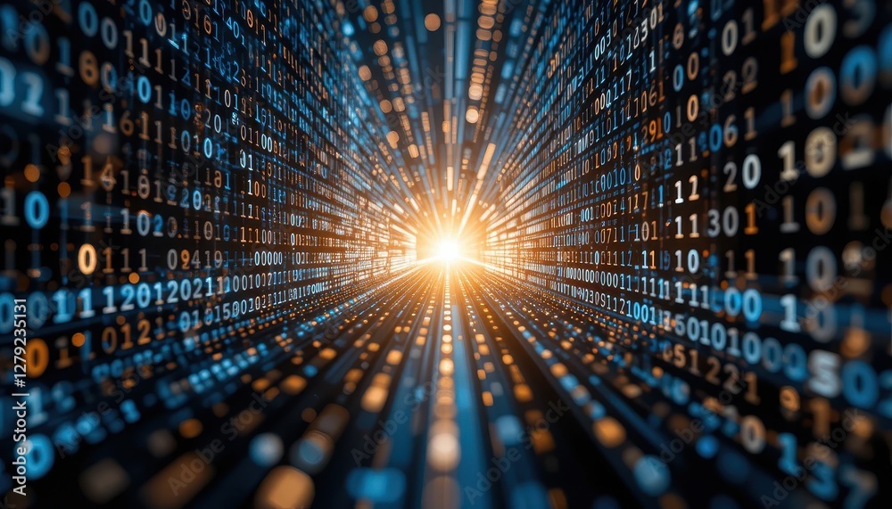 Poster dynamic stream of binary code with radiant light at the end