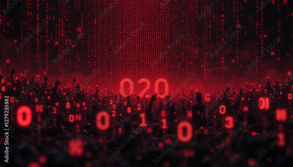 Poster abstract representation of digital world with red binary code background