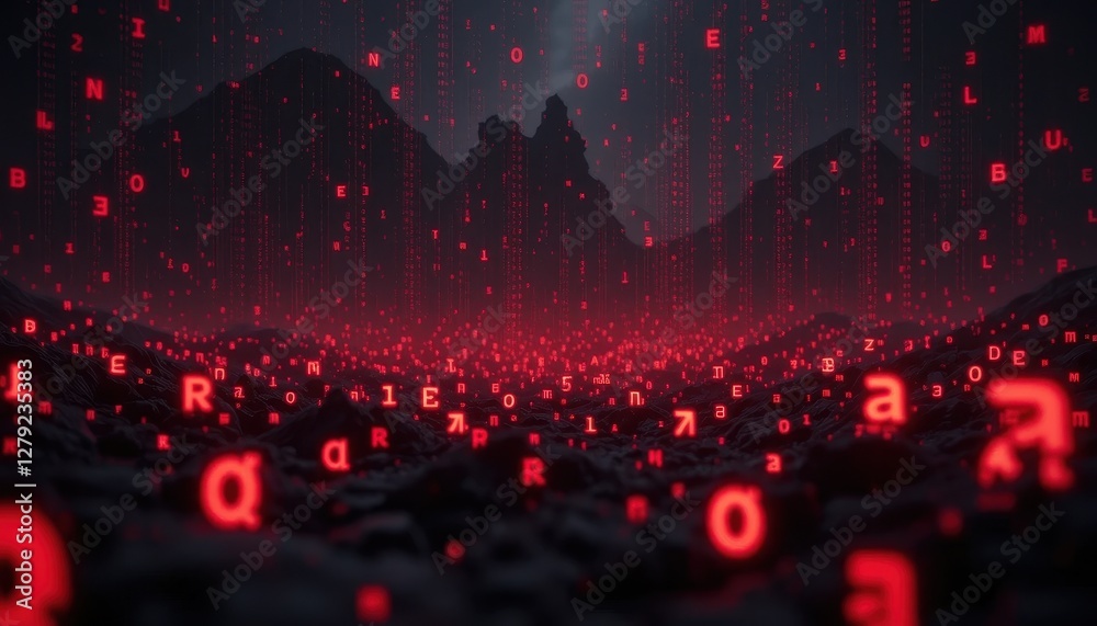 Poster abstract digital landscape with glowing red binary code elements