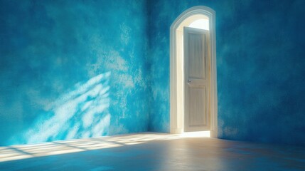 A Blue Room With An Open Door And Sunlight Streaming In