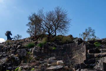 Fototapeta premium Ancient ruins of Susita (Hippos) National Park on the top of a mountain in the Golan Heights in Israel. 