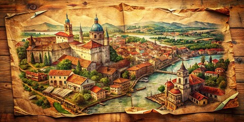 Obraz premium Detailed vintage aerial photography; aged paper texture, high res.