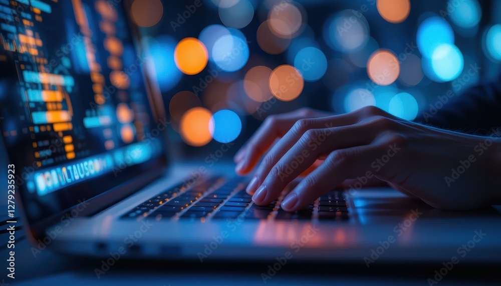 Poster hands typing on laptop keyboard with colorful bokeh background