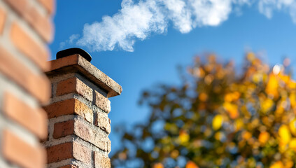Naklejka premium Brick chimney emitting smoke against a blue sky with autumn leaves in the background; ideal for home, comfort, and autumn themes