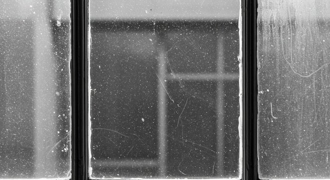 Monochrome Windowpane with Dusty Glass and Architectural Reflections Detail