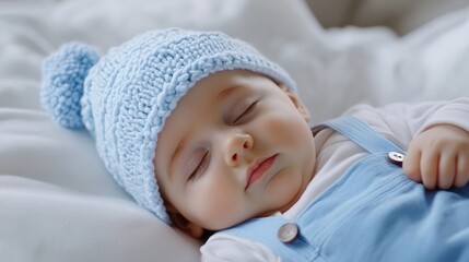 Newborn boy peacefully sleeps in cozy blue outfit on soft fabric backdrop