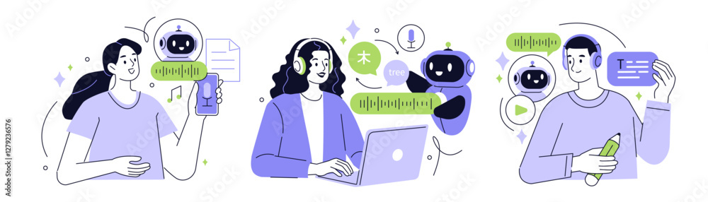 Fototapete ai audio set. characters and artificial intelligence robot generate music from text, convert speech 