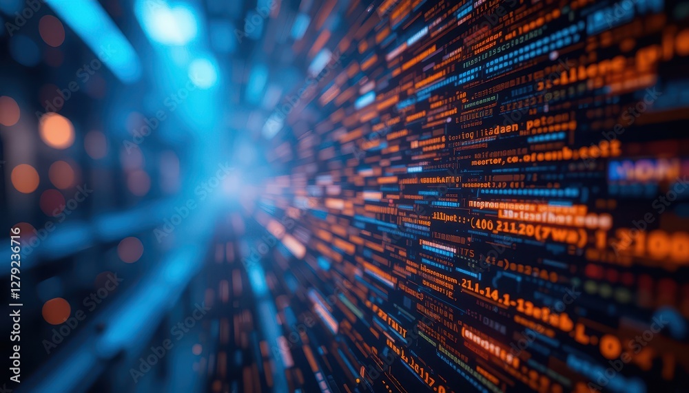 Poster abstract data stream with bright binary code and glowing lights