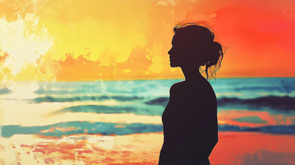 A woman silhouette standing by the beach at sunset