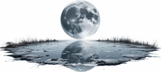 Serene Winter Moonlit Lake Scene Full Moon Reflection on Frozen Water with Reeds