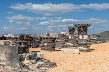 Ruins of the Basilica at Susita (Hippos) National Park on the top of a mountain in the Golan Heights in Israel.
