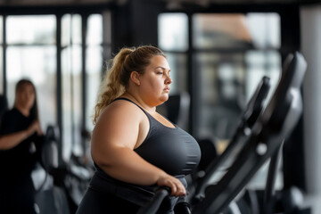 Obraz premium etermined Overweight Woman Using Gym Equipment