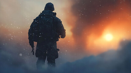 A lone soldier stands in the snow looking toward the sunset