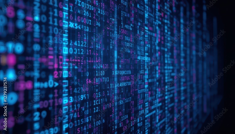 Poster digital data flow with blue and pink binary code on screen