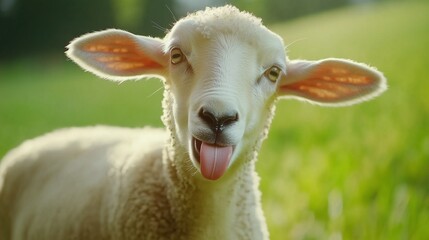 Fototapeta premium Portrait of a sheep sticking out its tongue, close-up, natural lighting, blurred green field background