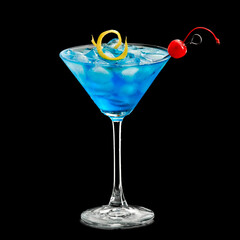 Blue icy martini cocktail with a cherry and lemon peel on black background, studio shot