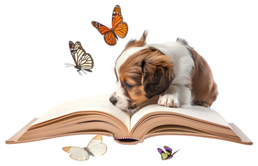 PNG Dog enjoy playing with butterfly butterflies book reading.