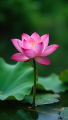 Obraz premium Pink Lotus Flower in Full Bloom on Water's Surface, greenery, flower blooming