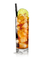Long island iced tea cocktail with lime on white background, studio shot