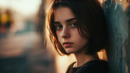 Obraz premium Portrait of a young woman, head and shoulders shot, natural side lighting
