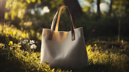 Stylish tote bag resting on grass in a sunlit park during late afternoon