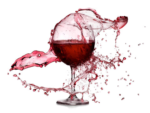 Red wine splash over a glass on white background, studio shot