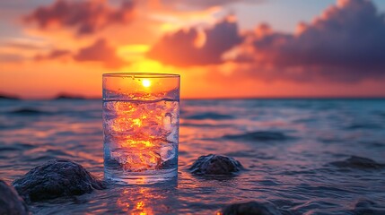 Relaxing evening mood with a water glass and warm sunset colors