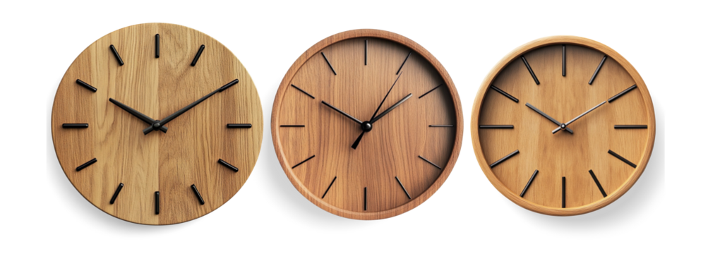Minimalist Wooden Wall Clock with Black Hands on a Transparent Background - Powered by Adobe