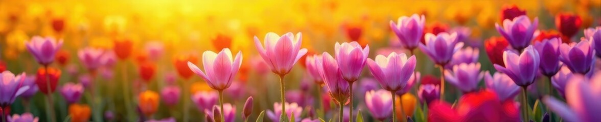 Fototapeta premium Purple flowers with bright yellow and orange stripes in a colorful field, stripes, yellow