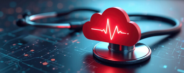 Cloud shape with heartbeat line over stethoscope. Cloud health solutions as scalable data storage options, backup, efficient virtualization management, authentication, disaster recovery, mobile