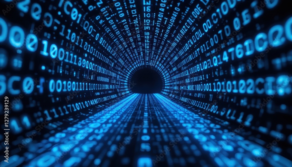 Fototapete Digital Tunnel of Binary Code Flowing in Glowing Blue Light