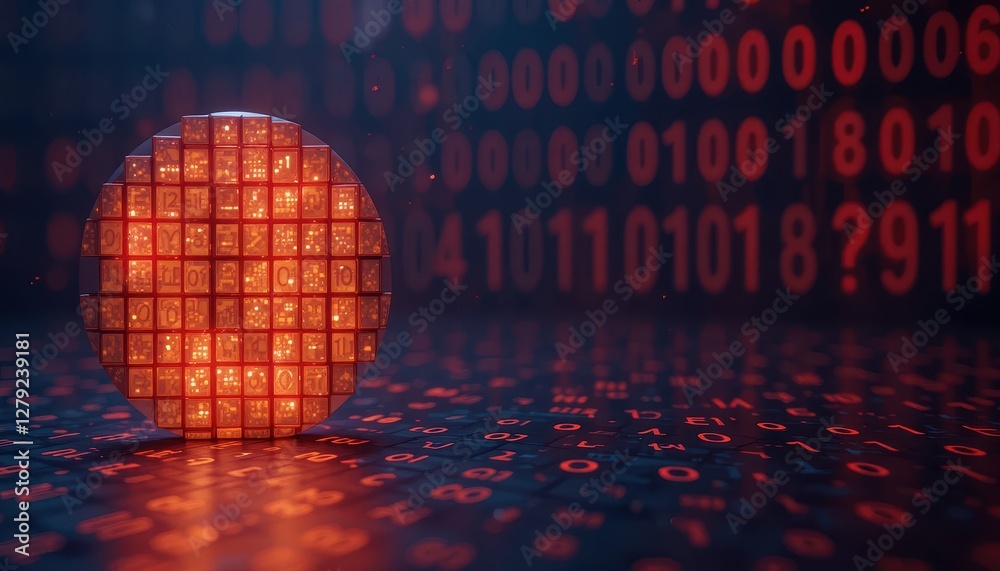 Poster digital sphere with glowing cubes against binary code background