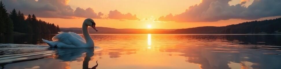 Obraz premium Schwan auf dem ruhigen See mit Sonnenuntergang, clouds, sunset, peaceful