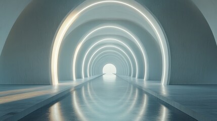 Fototapeta premium Futuristic White Tunnel With Neon Archways Leading To Light